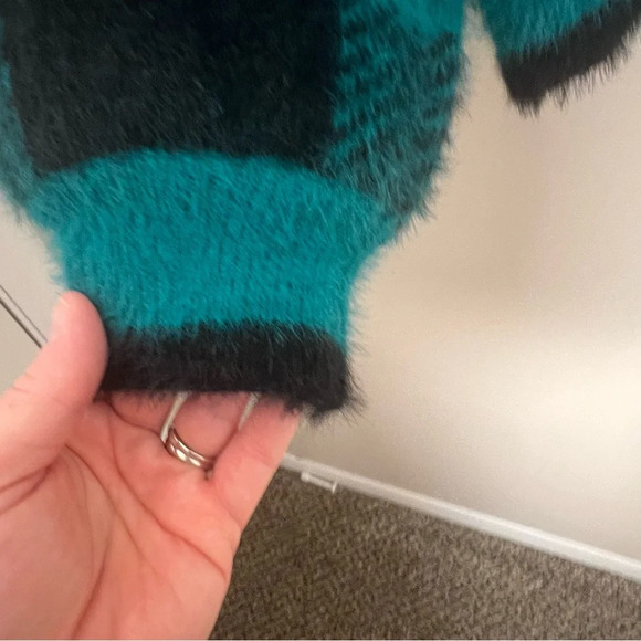 Umgee Plaid Herringbone Preppy Quirky Fuzzy Y2K Snap Button Cardigan Sweater Lg - Picture 6 of 12